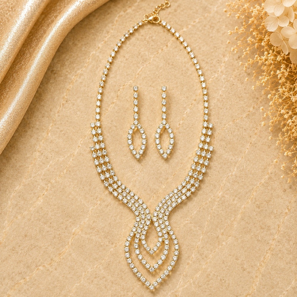 Necklace Earrings Set Formal Jewelry Made with Swarovski Crystal Gold Overlay